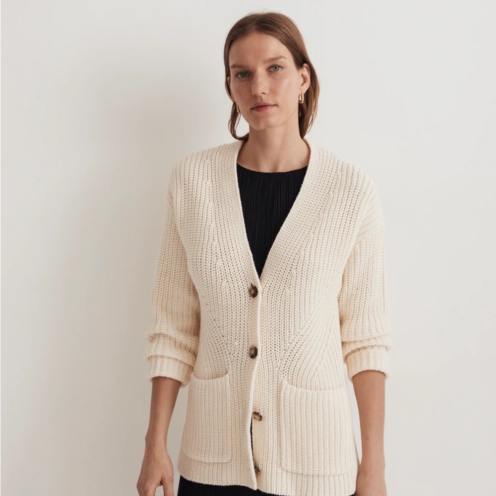 Madewell Textural-Stitch V-Neck Cardigan Sweater Cream XS Extra Small
